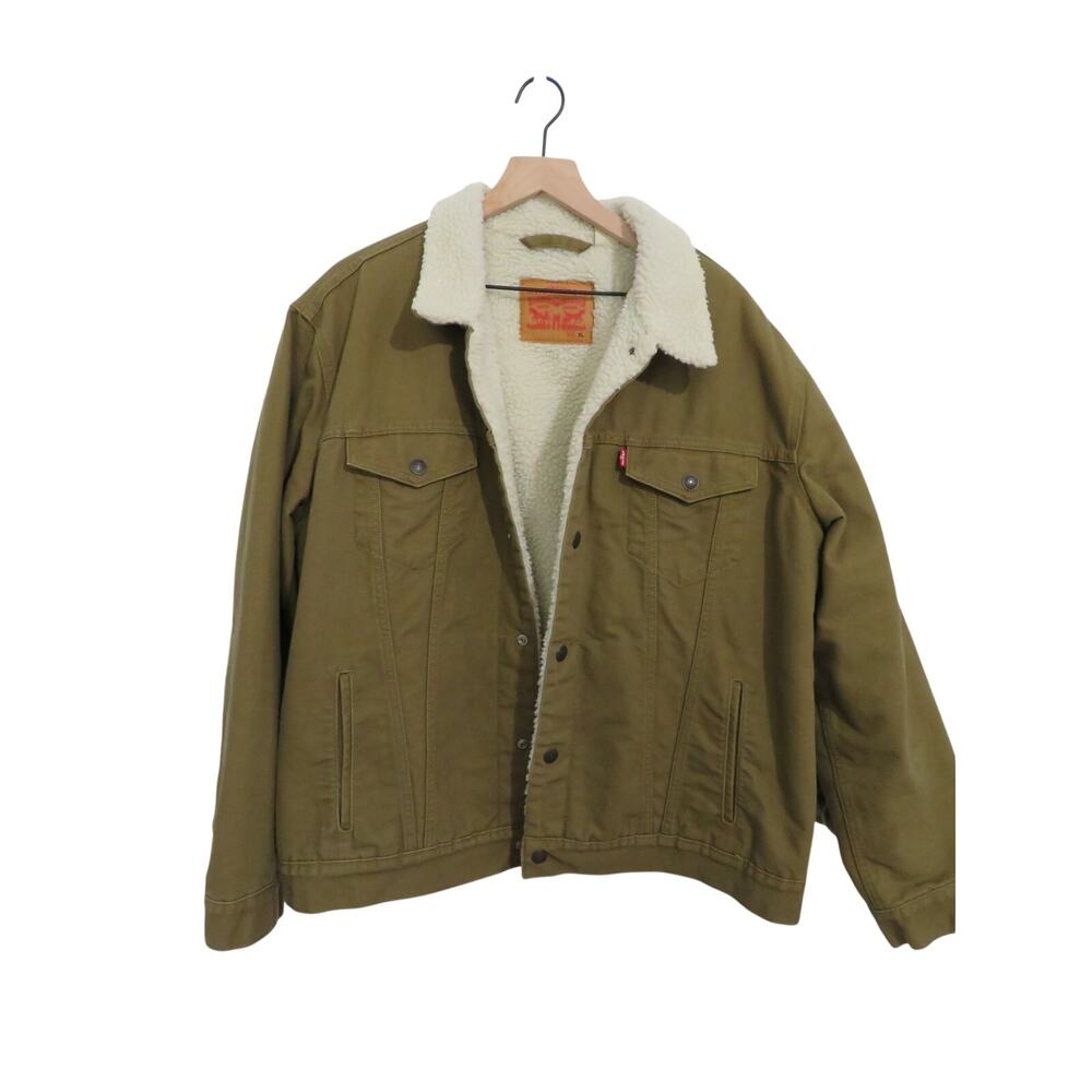 Levi's Men Sz XL Khaki Tan Brown Sherpa Lined Trucker Jacket Canvas Retro